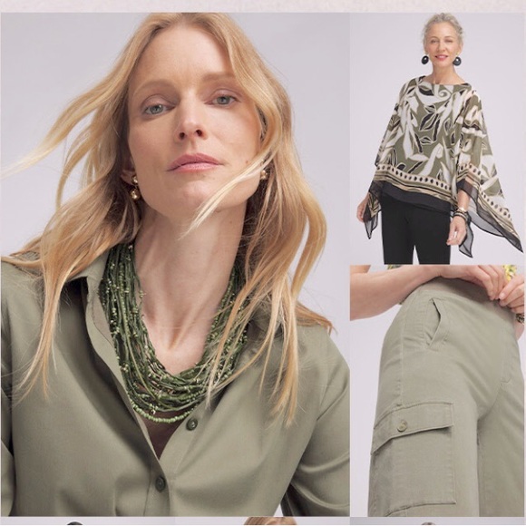 Chico’s khaki/olive long-sleeve blouse with patch pockets on front & epaulettes - Picture 15 of 15